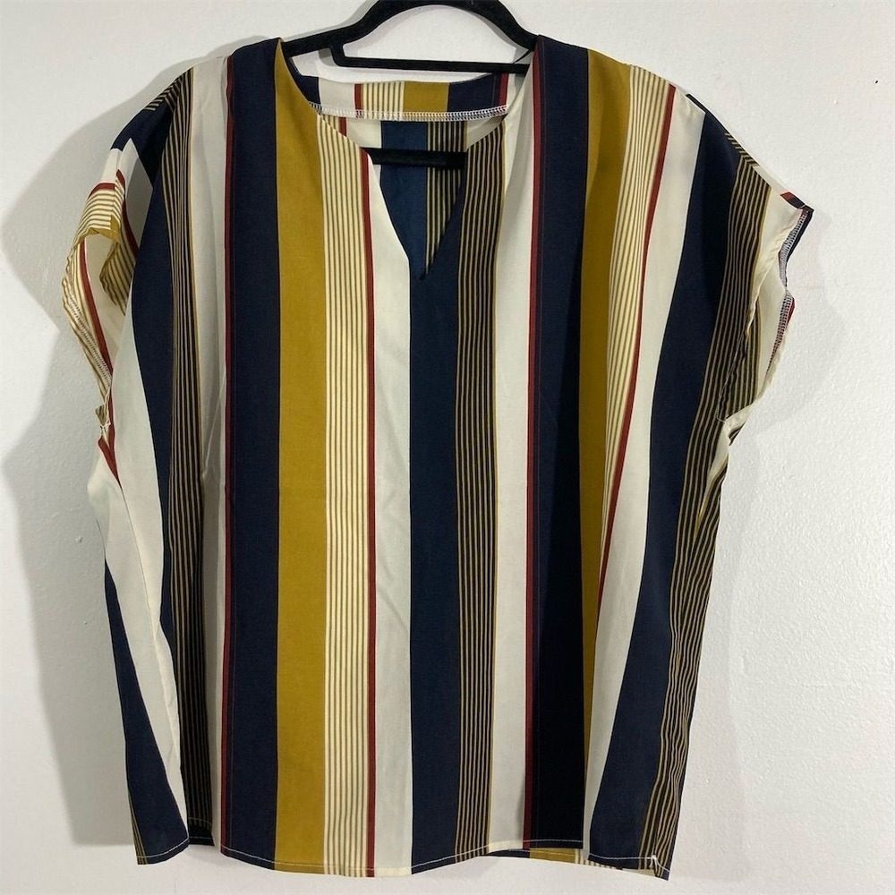 Unbranded‎ Striped Blouse Women Size L Navy Mustard White V-Neck Cap Sleeve Good